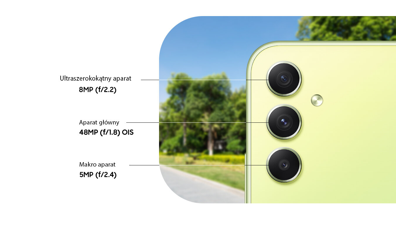 phpejshho sm-a346-04-multi-camera-system Pokazano przednie i tylne kamery Galaxy A34 5G w Awesome Lime, w tym 13MP F2.2 Front Camera, 8MP F2.2 Ultra Wide Camera, 48MP F1.8 OIS Main Camera i 5MP F2.4 Macro Camera.