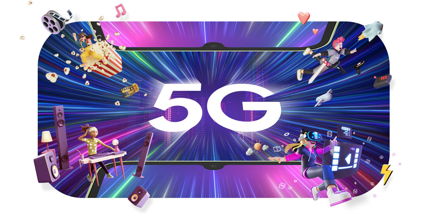 phpy9cfok sm-a346-07-performance-5g Pomiędzy dwoma Galaxy A34 5G na górze i na dole pokazane jest 5G. Do środka bardzo szybko zasysane są różne animacje, które przedstawiają dynamiczne obiekty i czynności, w tym DJ-ing, VR, oglądanie filmów i inne.