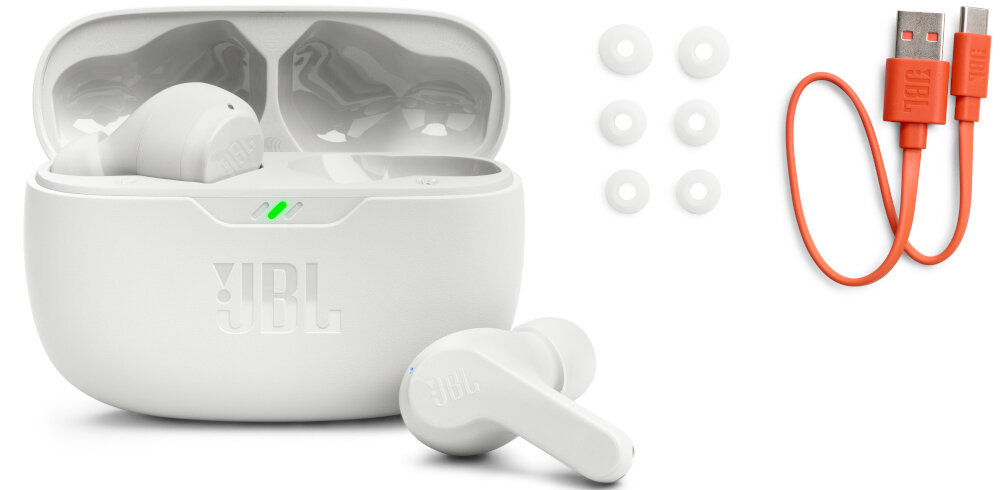 Słuchawki dokanałowe JBL Wave Beam konstrukcja brzmienie technologia bezprzewodowa komunikacja wyposażenie JBL czas pracy etui ładujące