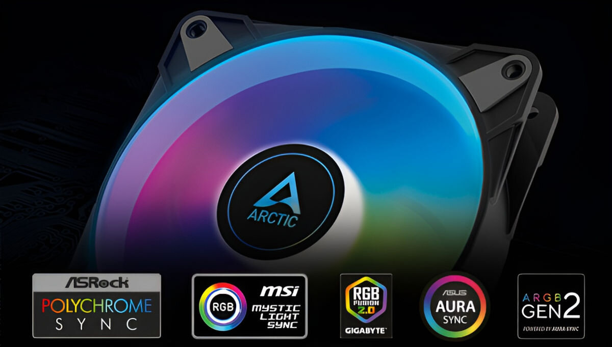Wentylator ARCTIC P14 PWM PST RGB 12 diod A-RGB kontrolowane niezależnie zgodne z popularnymi standardami bezpośrednie podłączenie zewnętrzny kontroler