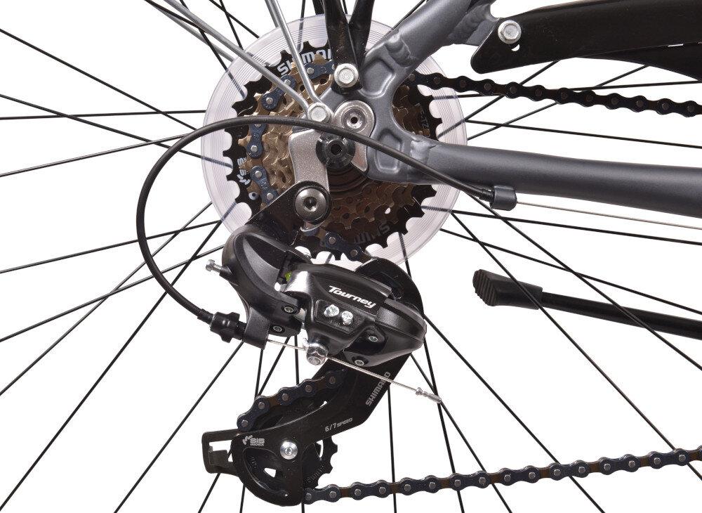 Rower trekkingowy INDIANA X-Road 1.0 D19 28 cali damski Ciemnoszary 21 biegów przednie i tylne przerzutki SHIMANO Tourney duża wytrzymałość sprawne działanie płynna bezproblemowa zmiana biegów