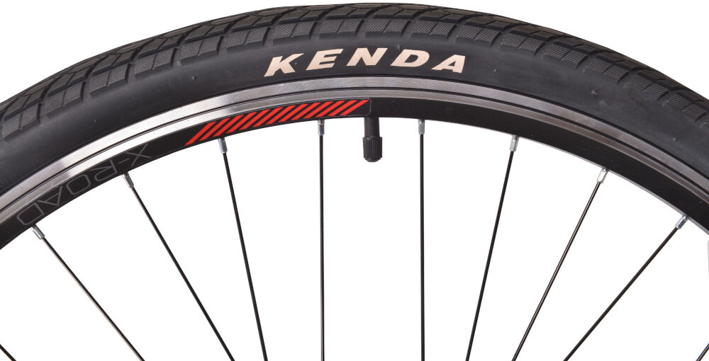 Rower trekkingowy INDIANA X-Road 1.0 M23 28 cali męski Szary koła 28-calowe duże dwuściankowe obręcze opony KENDA błotniki regularne sprawdzanie ciśnienia powietrza wartość na bocznej części opony