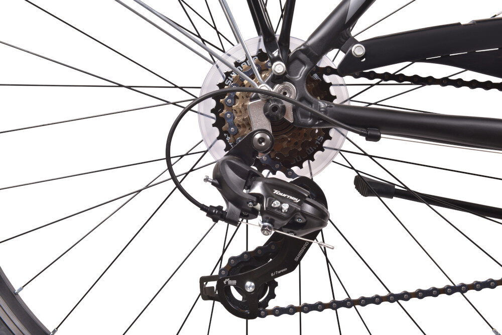 Rower trekkingowy INDIANA X-Road 1.0 M21 28 cali męski Czarny 21 biegów przednie i tylne przerzutki SHIMANO Tourney duża wytrzymałość sprawne działanie płynna bezproblemowa zmiana biegów