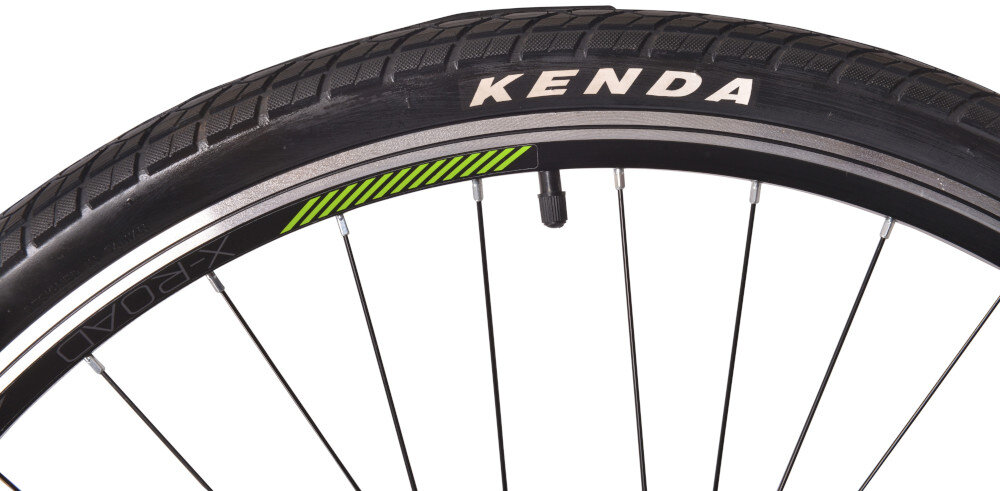 Rower trekkingowy INDIANA X-Road 1.0 D15 28 cali damski Ciemnoszary koła duże 28-calowe dwuściankoe obręcze łatwiej pokonać przeszkody większy kontakt koła z podłożem szerokie opony marki KENDA dobra przyczepność błotniki regularne sprawdzanie ciśnienia powietrza wartość na bocznej części opony