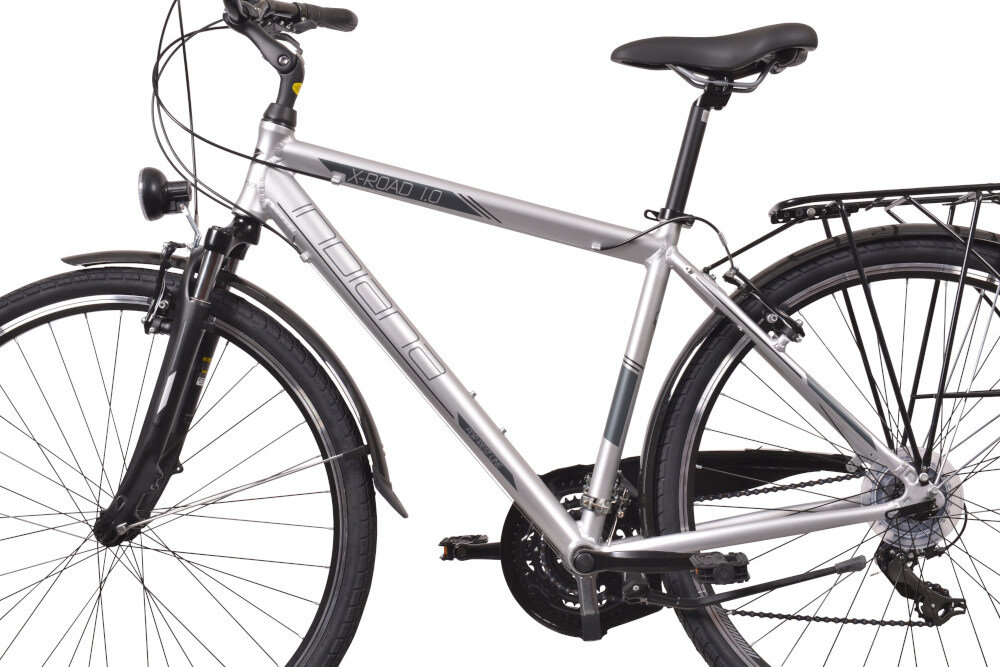 Rower trekkingowy INDIANA X-Road 1.0 M23 28 cali męski Srebrny rama aluminiowa 23-calowa rower lekki zwinny odporny na korozję w Srebrnym kolorze wybór rozmiaru ramy Twój wzrost mierzony w zrelaksowanej pozycji typ roweru dla osób o wzroście od 190 do 200 cm 