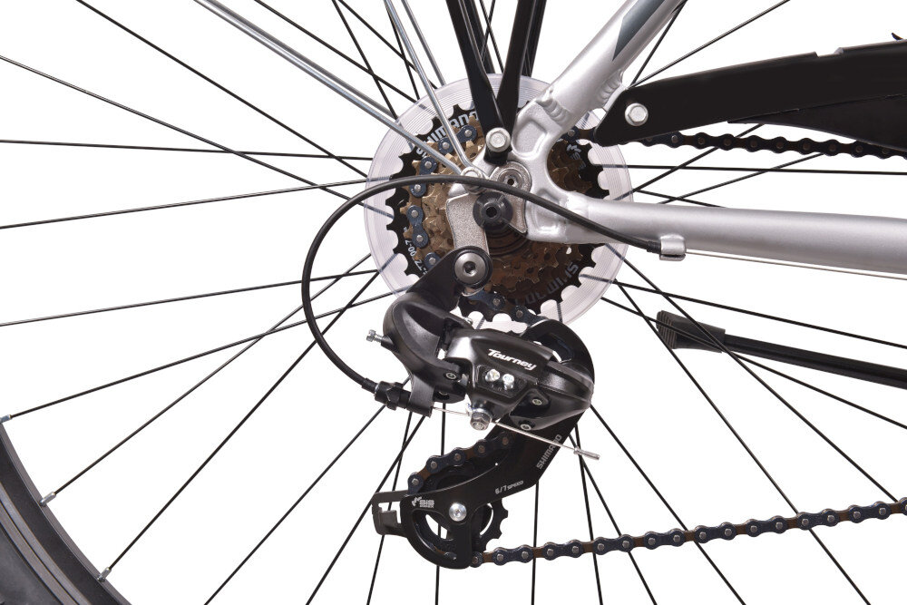 Rower trekkingowy INDIANA X-Road 1.0 M23 28 cali męski Srebrny 21 biegów przednie i tylne przerzutki SHIMANO Tourney duża wytrzymałość sprawne działanie płynna bezproblemowa zmiana biegów
