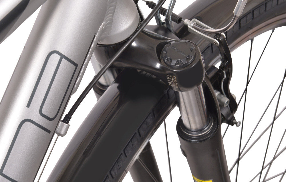 Rower trekkingowy INDIANA X-Road 1.0 M23 28 cali męski Srebrny rower typu hardtail przedni amortyzator marki Zoom HL Corp CH-141 700C sprężynowy niska masa roweru duża sztywność regulacja