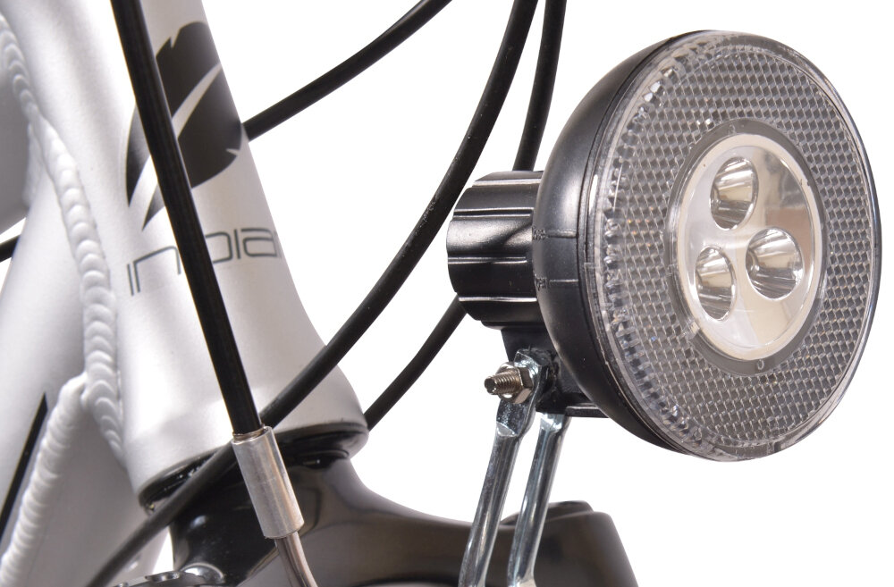Rower trekkingowy INDIANA X-Road 1.0 M23 28 cali męski Srebrny oświetlenie roweru przednie tylne oświetlenie LED wymagane przez prawo drogowe