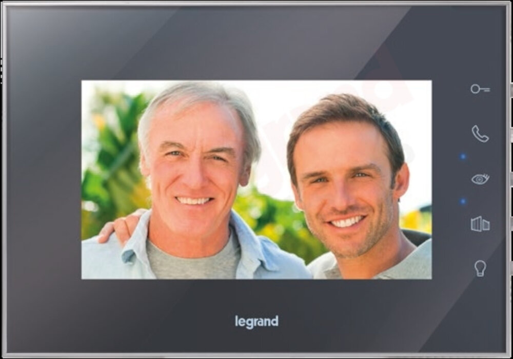 Monitor do wideodomofonu LEGRAND 369225 intuicyjna obsługa 4 przyciski funkcji podstawowych przycisk do załączania oświetlenia regulacja głośności jasności kontrastu wyświetlacza