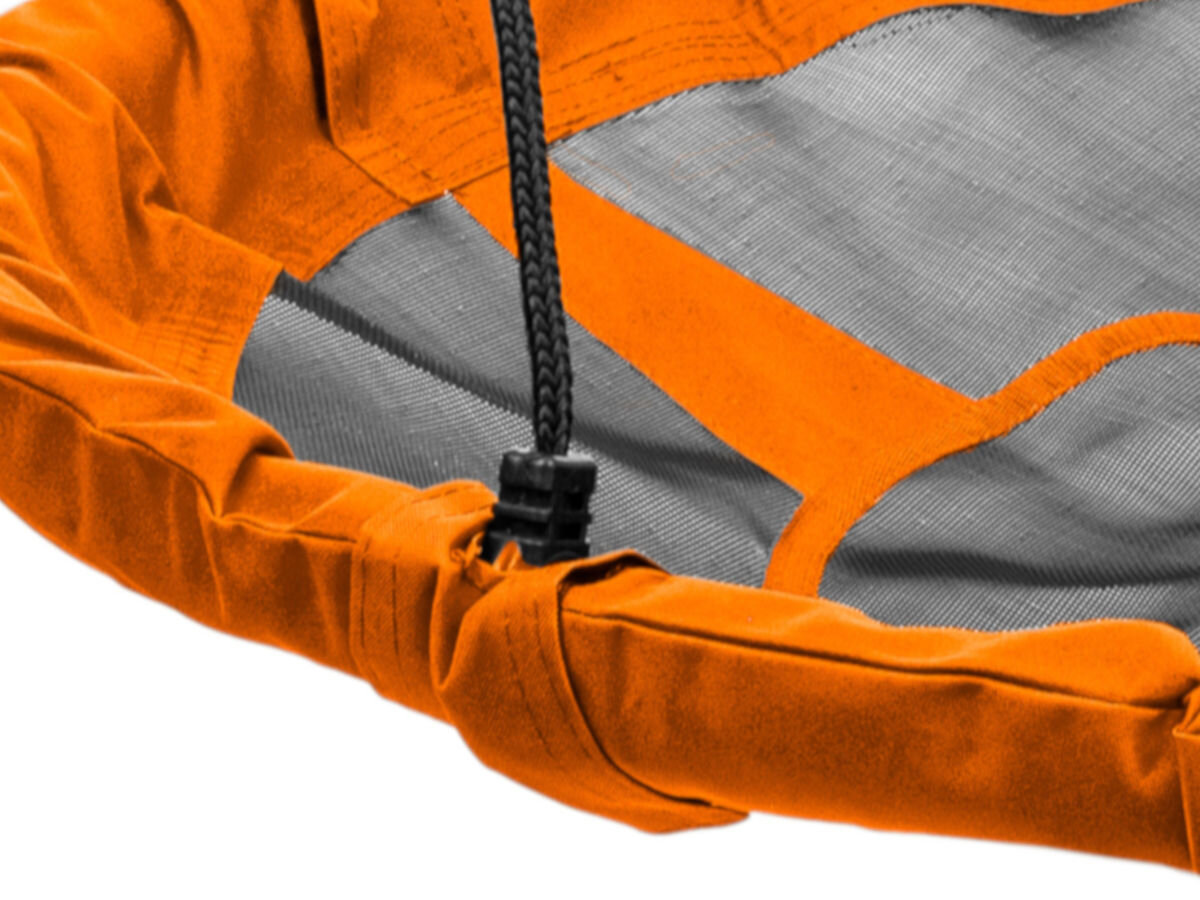 Huśtawka MIRPOL Nest 95 Pomarańczowy, osłony, łączenia, siedzisko, obciążenie, na białym tle zbliżenie na mocowanie siedziska z liną huśtawki