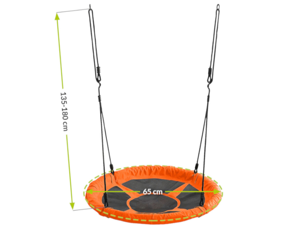 Huśtawka MIRPOL Nest 95 Pomarańczowy, waga, montaż, uniwersalność, wygląd, estetyka, na białym tle huśtawka wraz podanymi wymiarami wysokości i szerokości