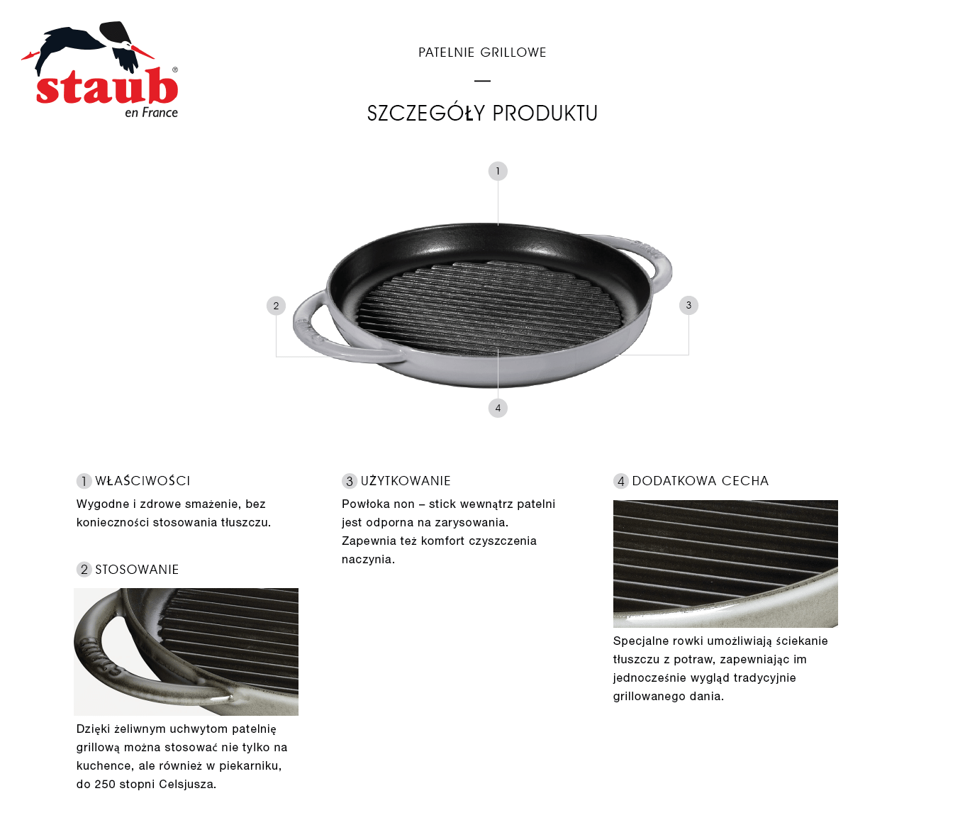 Okrągła patelnia żeliwna grillowa Staub z dwoma uchwytami - Why Buy Obraz przedstawia patelnię grillową z logo \'staub\' w lewym górnym rogu. Widoczne są opisy cech produktu, takie jak właściwości, stosowanie, użytkowanie i dodatkowa cecha, z tekstem: \'Wygodne i zdrowe smażenie, bez konieczności stosowania tłuszczu\', \'Dzięki żeliwnym uchwytom patelnię grillową można stosować nie tylko na kuchence, ale również w piekarniku, do 250 stopni Celsjusza\', \'Powłoka non – stick wewnątrz patelni jest odporna na zarysowania. Zapewnia też komfort czyszczenia naczynia\', \'Specjalne rowki