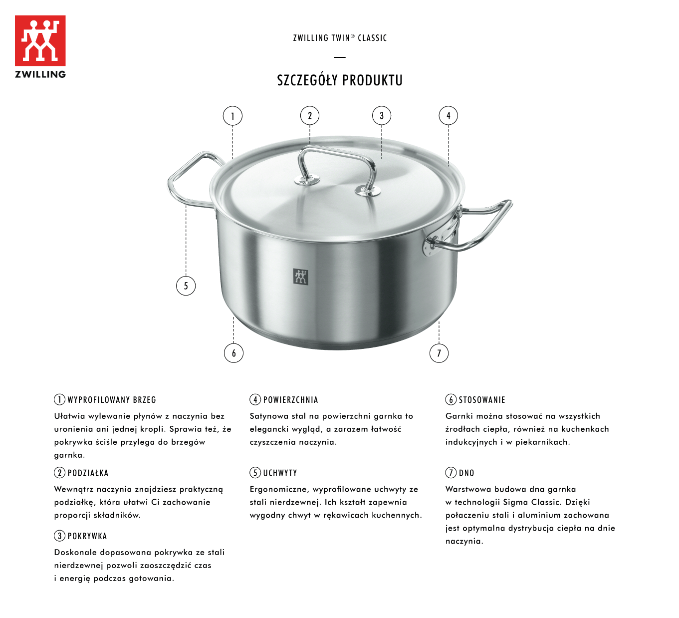 Zestaw 5 garnków Zwilling® Twin Classic - Why Buy Obraz przedstawia srebrny garnek z pokrywką, oznaczony logo ZWILLING, z opisanymi cechami produktu: wyprofilowany brzeg, podziałka, pokrywka, powierzchnia, uchwyty, stosowanie i dno. Tekst na obrazie: \'ZWILLING TWIN® CLASSIC SZCZEGÓŁY PRODUKTU\'.