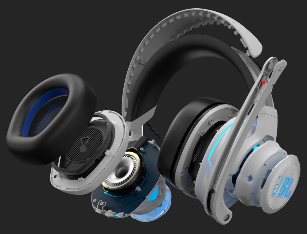 Słuchawki JBL Quantum 910P wygoda styl redukcja hałas otoczenie dźwięk łączność pałąk mikrofon dopasowanie regulacja głośność akumulator