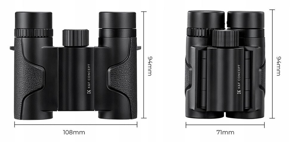 Dwie czarne lornetki K&F CONCEPT o wymiarach 108mm x 94mm i 71mm x 94mm, z widocznym logo \'K&F CONCEPT\'.