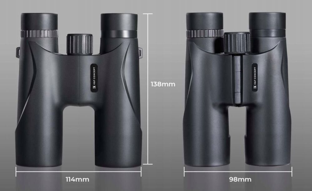 Na obrazie widoczna jest czarna lornetka z logo \'K&F CONCEPT\' oraz podanymi wymiarami: 114mm szerokości, 138mm wysokości i 98mm głębokości.