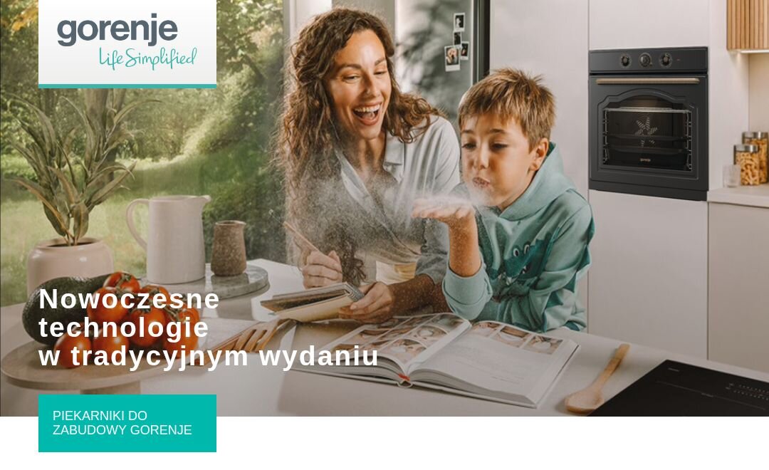 PIEKARNIK GORENJE BOS67371CLB Grafika promocyjna Gorenje pokazuje dorosłą osobę i dziecko przy stole w kuchni z książką kucharską. Widoczny jest napis „Nowoczesne technologie w tradycyjnym wydaniu”