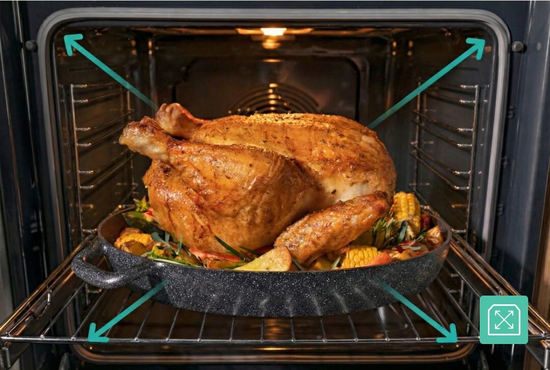 PIEKARNIK GORENJE BOS67371CLB Wnętrze piekarnika wypełnione daniem na blasze z oznaczeniem dużej pojemności 77 l. Strzałki graficzne podkreślają przestrzeń użytkową urządzenia