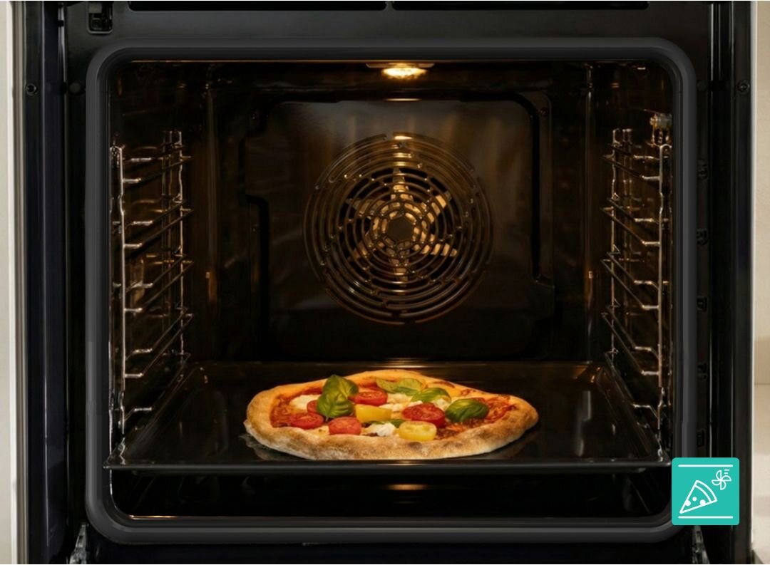 PIEKARNIK GORENJE BOS67371CLB Pizza piecze się na środkowym poziomie w czystym wnętrzu piekarnika z widocznym wentylatorem termoobiegu. Ujęcie podkreśla równomierne wypiekanie i chrupiący spód