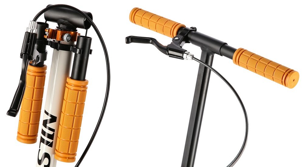 Hulajnoga NILS EXTREME HM0107 Biało-pomarańczowy standardowa kierownica uchwyty antyposlizgowe miekki material regulowana wysokosc kierownicy w zakresie od 76 do 100 cm skladne uchwyty