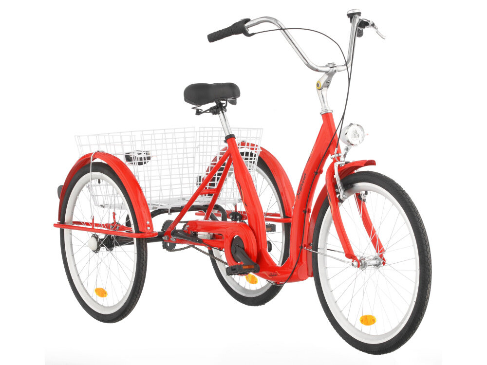 Rower trójkołowy DAWSTAR Sewilla A3B 24 cale damski Czerwony do jazdy po równym utwardzonym terenie nie wymaga balansowania ciałem alternatywa dla standardowego jednośladu większa stabilność komfort przyjemna jazda