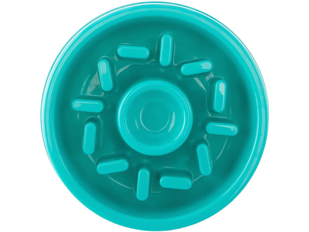 Miska spowalniająca dla psa ZIPPYPAWS Donat ZP429 Na zdjęciu widoczna jest turkusowa miska spowalniająca dla psa o okrągłym kształcie, z wypustkami w formie prostokątów rozmieszczonymi symetrycznie na dnie. Miska ma centralne wgłębienie i jest wykonana z błyszczącego materiału.