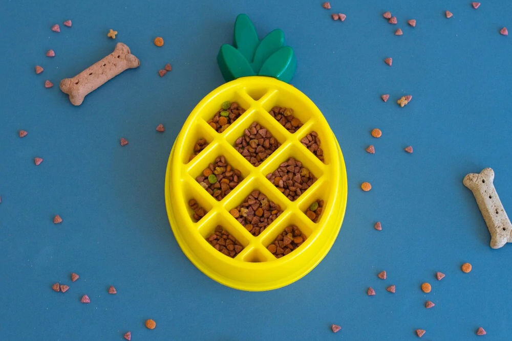 Miska dla psa i kota ZIPPYPAWS ZZPN-1925 Żółta miska w kształcie ananasa z zielonymi liśćmi, wypełniona suchą karmą, leży na niebieskim tle. Wokół niej rozsypane są drobne kawałki karmy oraz kilka psich ciasteczek w kształcie kości