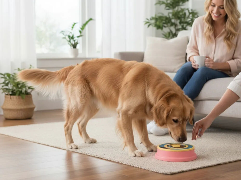 Miska spowalniająca dla psa ZIPPYPAWS ZP1424 pies jedzący z miski w tle przytulny pokój uśmiechnięta osoba siedząca na kanapie