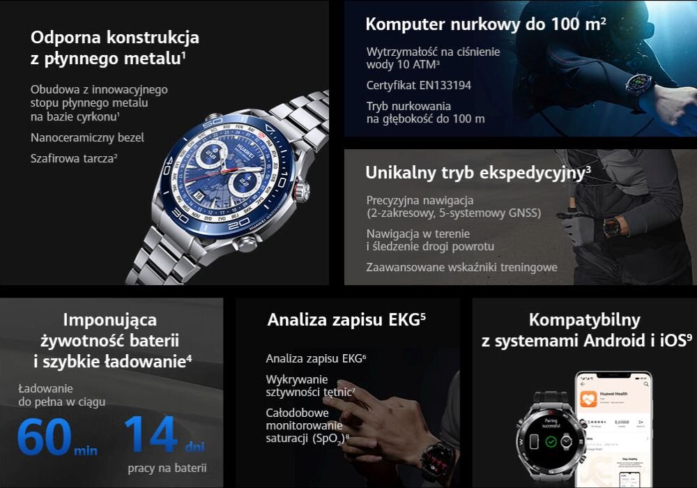 Smartwatch HUAWEI Watch Ultimate ekran bateria czujniki zdrowie sport pasek ładowanie pojemność rozdzielczość łączność sterowanie krew puls rozmowy smartfon aplikacja