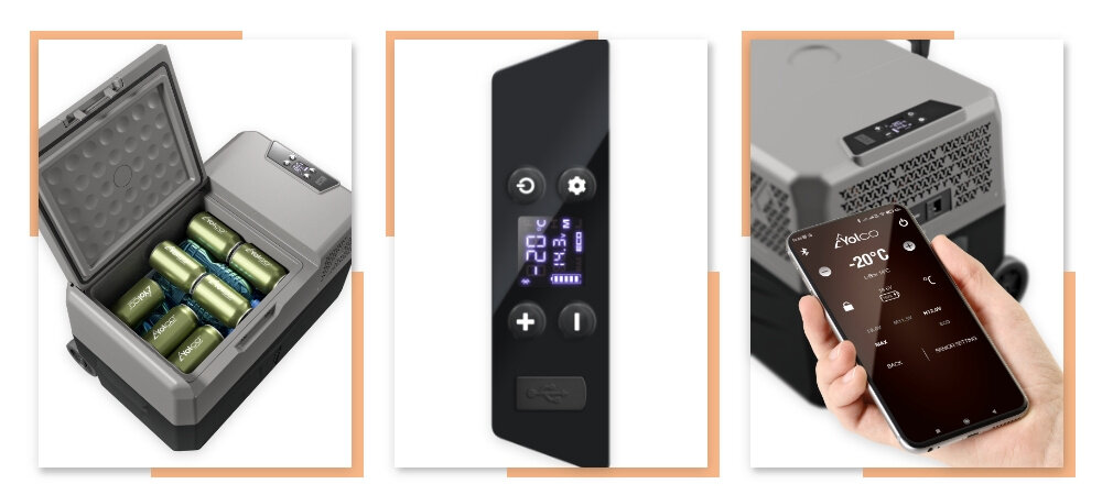 Lodowka YOLCO BX30 Panel sterowania z czytelnym ekranem nadajnik Bluetooth 5.0 aplikacja Yolco zalety polkrywa antyposlizgowa