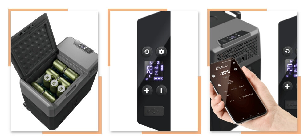 Lodowka YOLCO BX50 Panel sterowania z czytelnym ekranem nadajnik Bluetooth 5.0 aplikacja Yolco zalety polkrywa antyposlizgowa