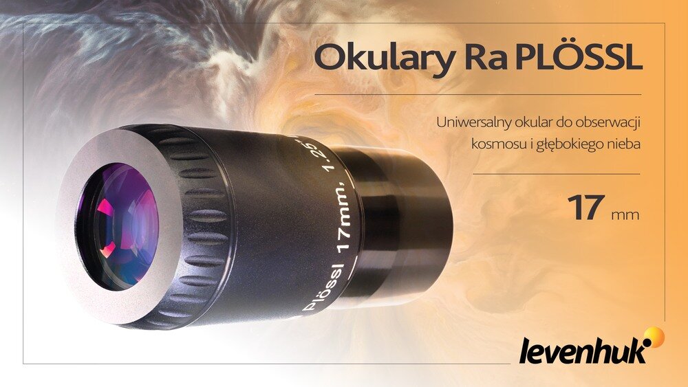 Obraz przedstawia okular Levenhuk Ra Plössl 17 mm z napisem \'Plössl 17mm, 1.25\'. W tle widoczny jest efekt przypominający kosmiczną mgławicę, a na obrazie znajduje się tekst: \'Okulary Ra PLÖSSL, Uniwersalny okular do obserwacji kosmosu i głębokiego nieba, 17 mm\', oraz logo \'levenhuk\'.