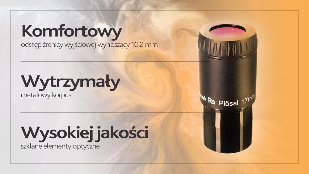 Obraz przedstawia okular LEVENHUK Ra Plössl 17 mm na tle abstrakcyjnego wzoru. Widoczny tekst: \'Komfortowy odstęp źrenicy wyjściowej wynoszący 10,2 mm\', \'Wytrzymały metalowy korpus\', \'Wysokiej jakości szklane elementy optyczne\'.
