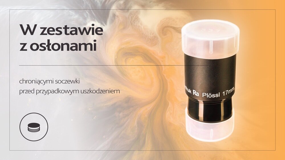 Obraz przedstawia okular Levenhuk Ra Plössl 17 mm z przezroczystymi osłonami na tle abstrakcyjnego wzoru. Tekst na obrazie: \'W zestawie z osłonami chroniącymi soczewki przed przypadkowym uszkodzeniem\'.