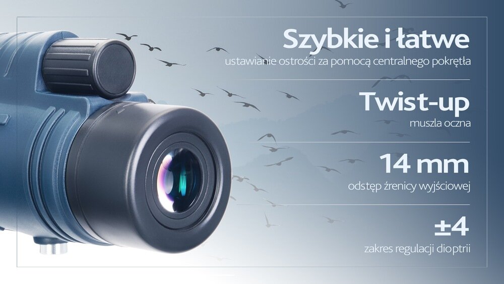 Monokular LEVENHUK Discovery Gator 10x42 i główne zalety  Ostrość  regulacja dioptrii muszla oczna typu Twist-up  odstęp źrenicy wyjściowej od 19 mm