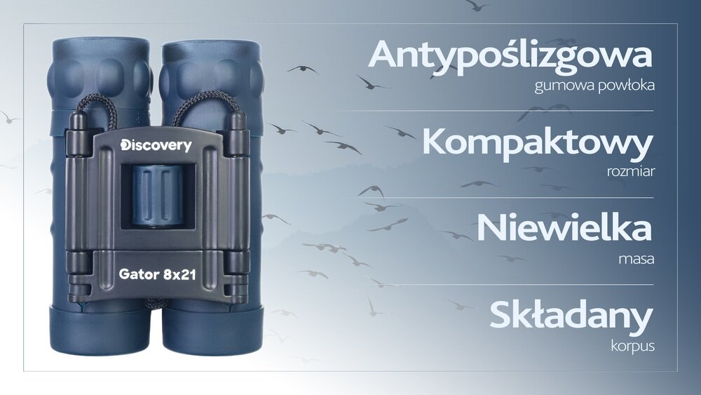 Na obrazie widoczna jest lornetka z napisem \'Discovery Gator 8x21\'. Obok znajdują się hasła: \'Antypoślizgowa gumowa powłoka\', \'Kompaktowy rozmiar\', \'Niewielka masa\', \'Składany korpus\'.