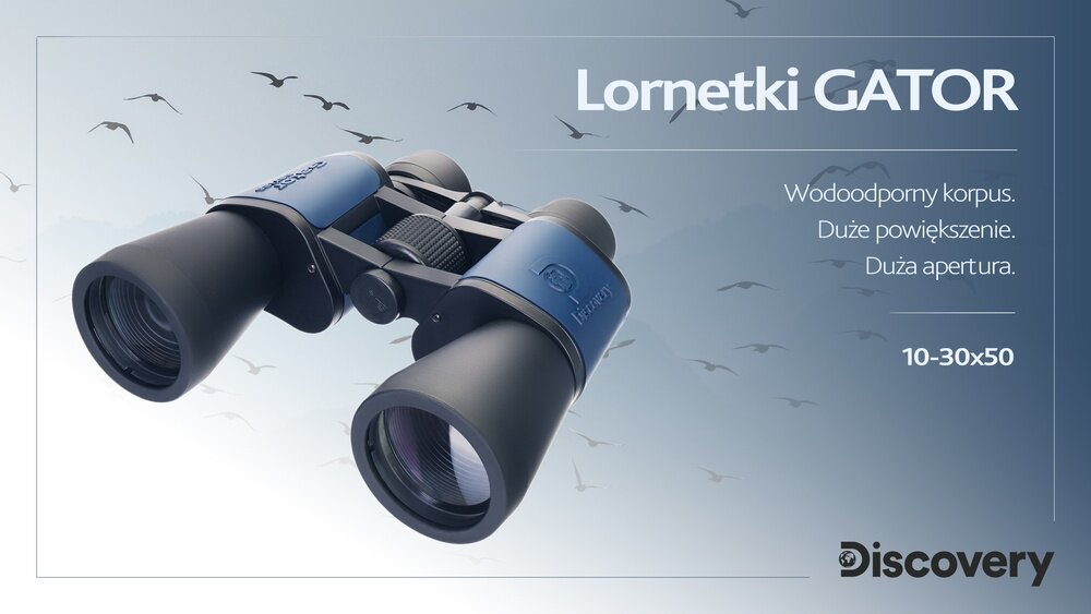 Lornetka LEVENHUK Discovery Gator 10–30x50 kv lifestyle początek opisu sekcja nagłówkowa