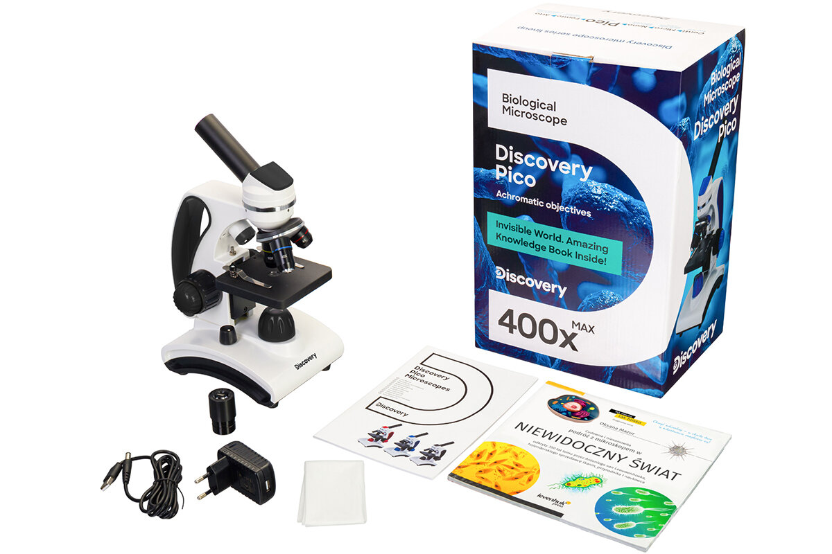Mikroskop DISCOVERY Pico Polar zestaw akcesoria książka Niewidoczny Świat zasilacz baterie