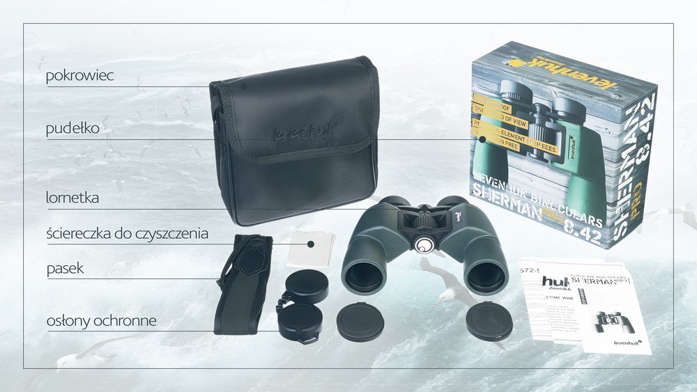 Lornetka LEVENHUK Sherman Pro 8x42 przydatne akcesoria ścierka pasek 
