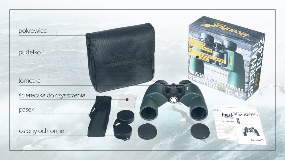 Lornetka LEVENHUK Sherman Pro 10x42 przydatne akcesoria ścierka pasek 