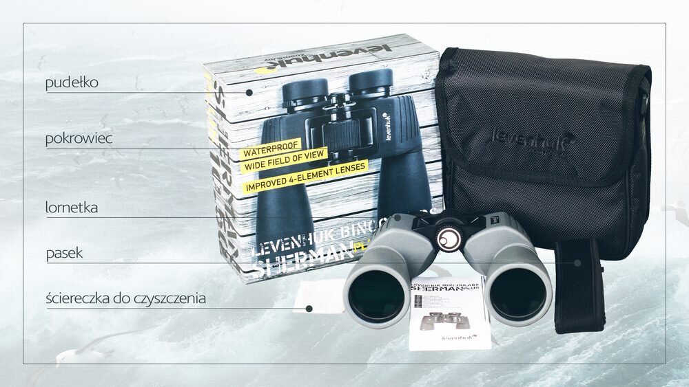 Lornetka LEVENHUK Sherman Plus 10x50 przydatne akcesoria ścierka pasek  