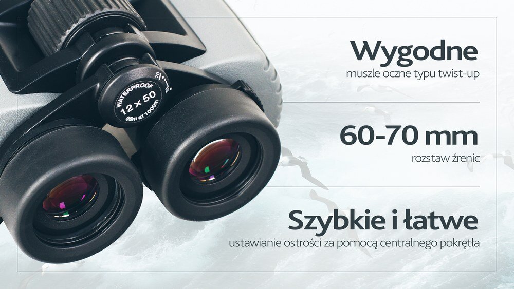 Lornetka LEVENHUK Sherman Plus 12x50 Ostrość obrazu regulacja dioptrii regulacja rozstawu okularów i miękkie gumowe muszle oczne typu twist-up  