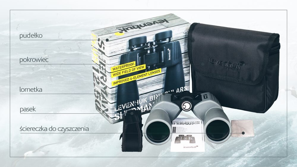 Lornetka LEVENHUK Sherman Plus 12x50 przydatne akcesoria ścierka pasek  