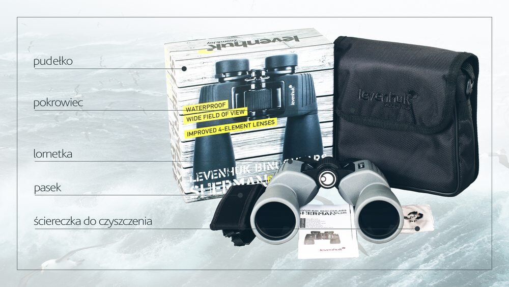 Lornetka LEVENHUK Sherman Plus 7x50 przydatne akcesoria ścierka pasek  