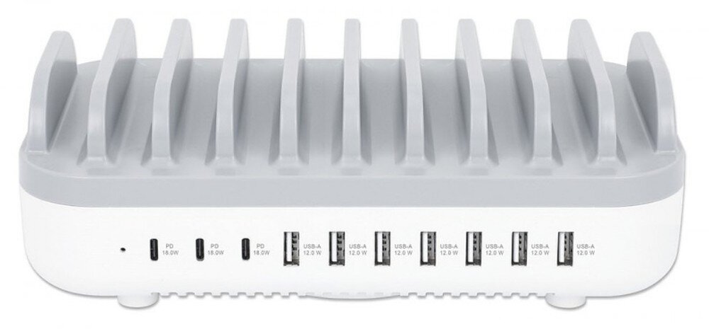 Stacja ładująca MANHATTAN 180856 Przednia część stacji ładującej z widocznymi portami USB-C oraz USB-A i pionowymi przegrodami na urządzenia