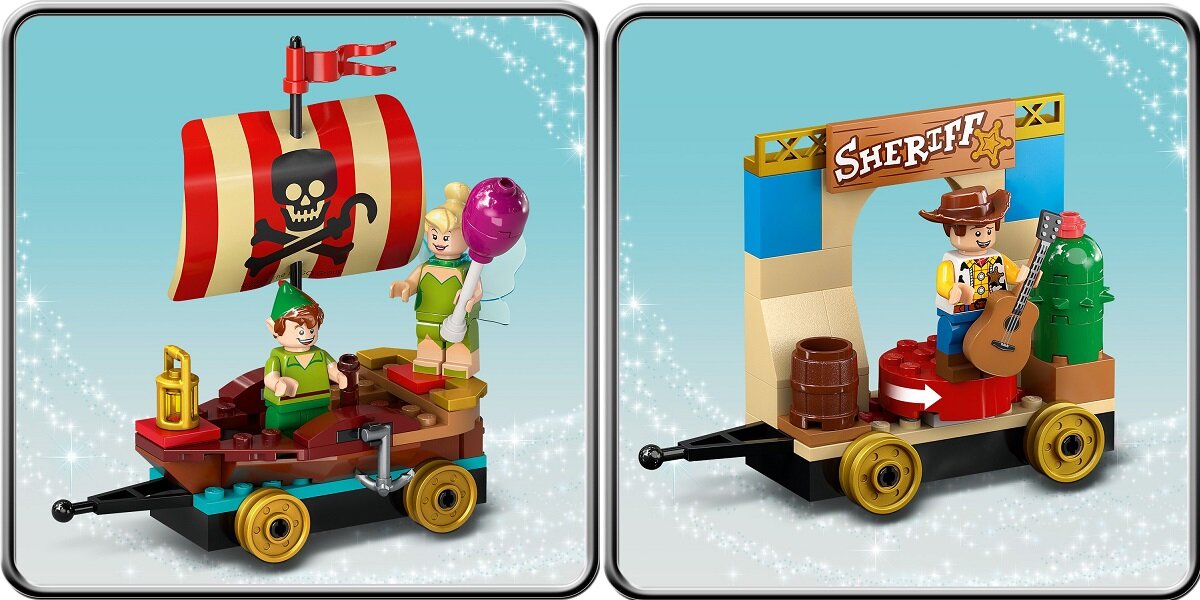 LEGO Disney Pociąg pełen zabawy 43212 dziecko kreatywność zabawa nauka rozwój klocki figurki minifigurki jakość tradycja konstrukcja nauka wyobraźnia role jakość bezpieczeństwo wyobraźnia budowanie pasja hobby funkcje instrukcja aplikacja LEGO Builder myszka minnie myszka miki piotruś pan dzwoneczek chudy