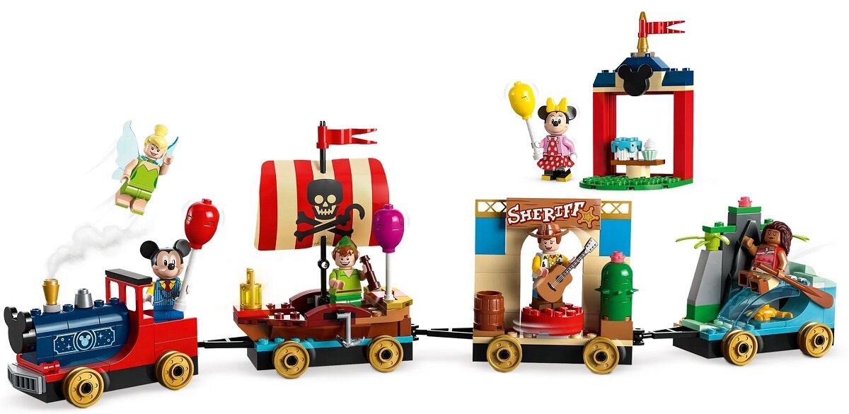 LEGO Disney Pociąg pełen zabawy 43212 dziecko kreatywność zabawa nauka rozwój klocki figurki minifigurki jakość tradycja konstrukcja nauka wyobraźnia role jakość bezpieczeństwo wyobraźnia budowanie pasja hobby funkcje instrukcja aplikacja LEGO Builder myszka minnie myszka miki piotruś pan dzwoneczek chudy