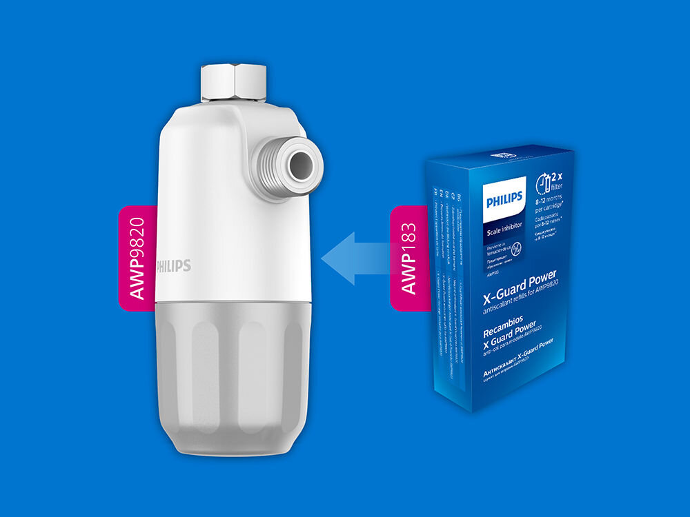 Wkład do inhibitora PHILIPS AWP183/10 (2 szt.) Zestaw wymiennych wkładów Philips X-Guard Power AWP183 przeznaczonych do montażu w filtrze antywapiennym Philips AWP9820.