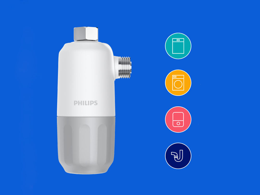 Wkład do inhibitora PHILIPS AWP183/10 (2 szt.) Pralkowy filtr antywapienny Philips z ikonami przedstawiającymi zastosowanie: ochrona zmywarki, pralki, podgrzewacza wody oraz rur przed kamieniem.
