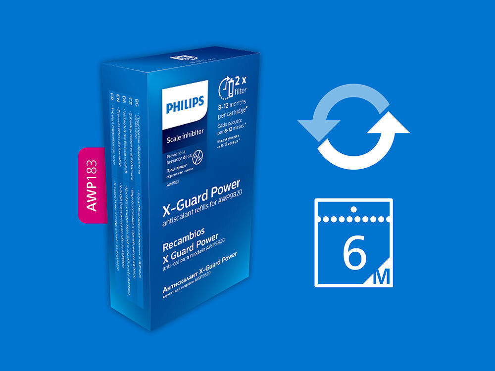Wkład do inhibitora PHILIPS AWP183/10 (2 szt.) Opakowanie 2 sztuk wkładów Philips X-Guard Power z informacją o trwałości – jeden wkład wystarcza na 6 miesięcy skutecznej ochrony przed osadami.